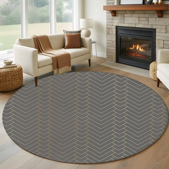 Round Area Rug 5ft Textrue Grey Geometric Pattern Circle Kitchen Mats Non-Slip Checkered Printed Washable Round Carpet for Kitchen Living Room Bedroom Home Decor