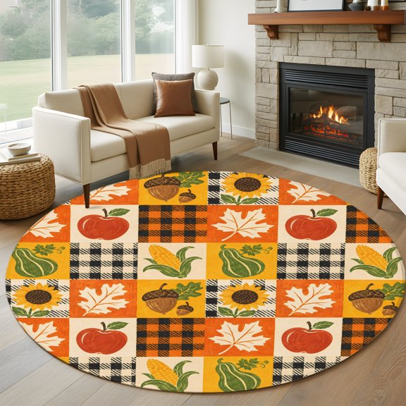 Round Area Rug 5ft Thanksgiving Fall Maple Leaves Area Rugs Washable Low Pile Floor Carpet for Bedroom, Red Apples Corn Plaid Non Slip Soft Rugs for Living Room Entryway Dining Room