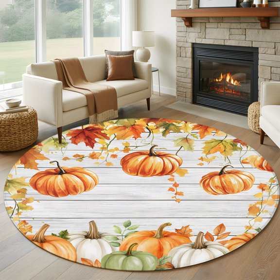 Round Area Rug 5ft Thanksgiving Pumpkin Maple Leaf Area Rugs Washable Low Pile Floor Carpet for Bedroom, White Wood Board Non Slip Soft Rugs for Living Room Entryway Dining Room