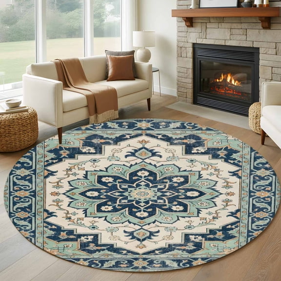Round Area Rug 5ft Traditional Turkish Floral Area Rugs Washable Low Pile Floor Carpet for Bedroom, Vintage Mint Green Geometric Non Slip Soft Rugs for Living Room Entryway Dining Room