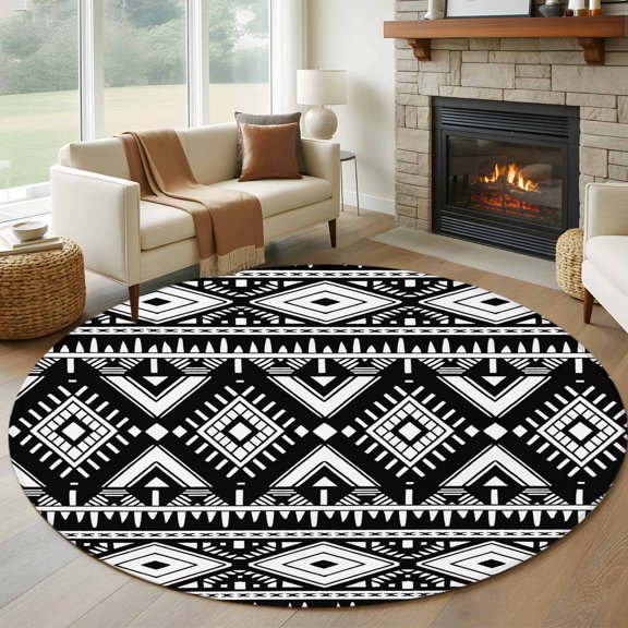 Round Area Rug 5ft Tribal Aztec Geometric Texture Area Rugs Washable Low Pile Floor Carpet for Bedroom, Black White Ethnic Pattern Non Slip Soft Rugs for Living Room Entryway Dining Room
