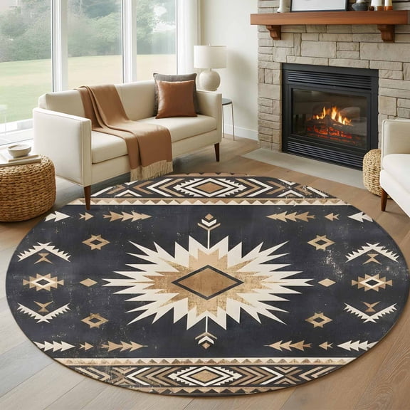 Round Area Rug 5ft Tribal Southwestern Arrow Texture Area Rugs Washable Low Pile Floor Carpet for Bedroom, Retro Black Brown Sunburst Non Slip Soft Rugs for Living Room Entryway Dining Room