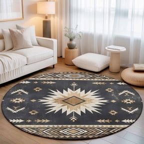 Round Area Rug - 5ft Tribal Southwestern Arrow Texture Non Slip Washable Circle Carpet Soft Large Floor Rugs for Living Room Bedroom Nursery Office