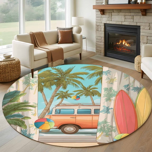 Round Area Rug 5ft Tropical Beach Vacation Surfboard Area Rugs Washable Low Pile Floor Carpet for Bedroom, Coconut Tree Camper Van Non Slip Soft Rugs for Living Room Entryway Dining Room