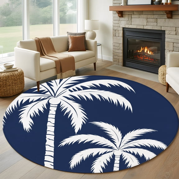 Round Area Rug 5ft Tropical Coconut Tree Area Rugs Washable Low Pile Floor Carpet for Bedroom, Deep Navy Background Non Slip Soft Rugs for Living Room Entryway Dining Room