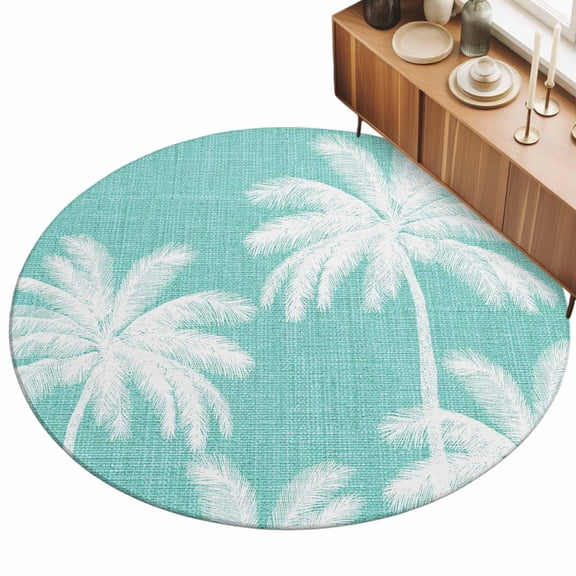 Round Area Rug 5ft Tropical Palm Trees Floor Carpets Indoor Floor Area Mat Stain-Proof Mat Circle Rugs for Living Room Dining Room Kitchen Bedroom, Teal Linen Coastal Sofa Throw Carpet