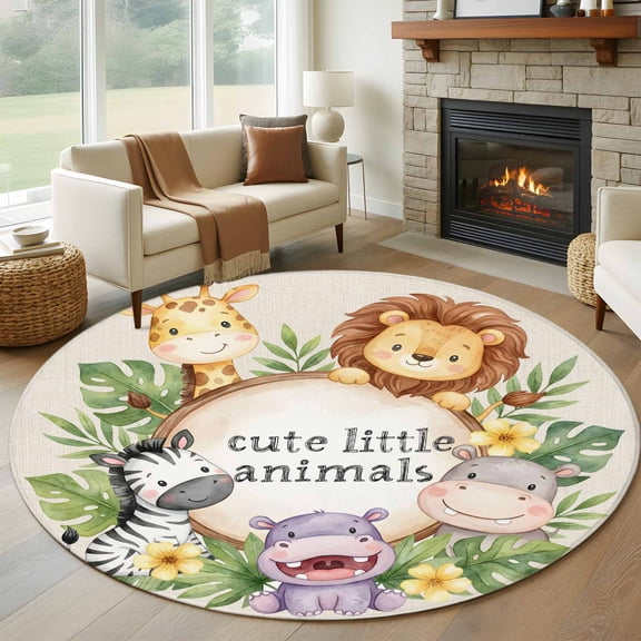 Round Area Rug 5ft, Tropical Plants Haemorrhoids Lions Zebra Non-Slip Non-Shedding Floor Mat, Cute Little Animals Washable Sturdy Carpet for Living Room Bedroom Home Decor