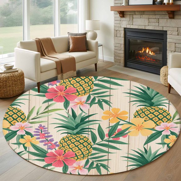 Round Area Rug 5ft Tropical Plants Pineapple Flower Area Rugs Washable Low Pile Floor Carpet for Bedroom, Watercolor Leaves on Wood Non Slip Soft Rugs for Living Room Entryway Dining Room