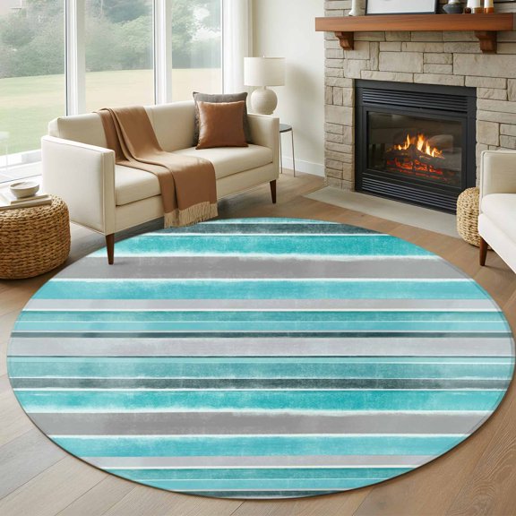 Round Area Rug 5ft Turquoise Gray Striped Area Rugs Washable Low Pile Floor Carpet for Bedroom, Vintage Horizontal Stripes Non Slip Soft Rugs for Living Room Entryway Dining Room