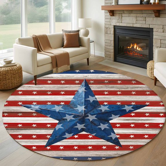 Round Area Rug 5ft U.S. Flag Day Red Blue Striped Area Rugs Washable Low Pile Floor Carpet for Bedroom, Independence Day Stars Non Slip Soft Rugs for Living Room Entryway Dining Room