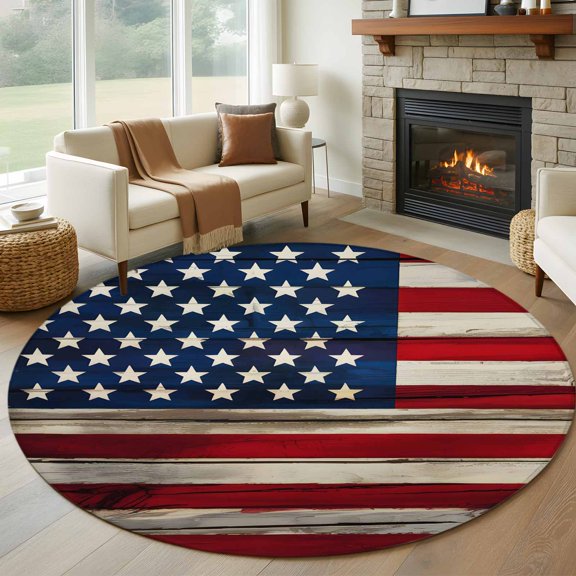 Round Area Rug 5ft USA Flag Independence Day Area Rugs Washable Low Pile Floor Carpet for Bedroom, 4th of July Stars and Stripes Non Slip Soft Rugs for Living Room Entryway Dining Room
