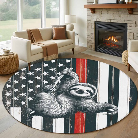 Round Area Rug 5ft USA Flag Red Line Firefighter with Sloth Area Rugs Washable Low Pile Floor Carpet for Bedroom, Wooden Texture Non Slip Soft Rugs for Living Room Entryway Dining Room