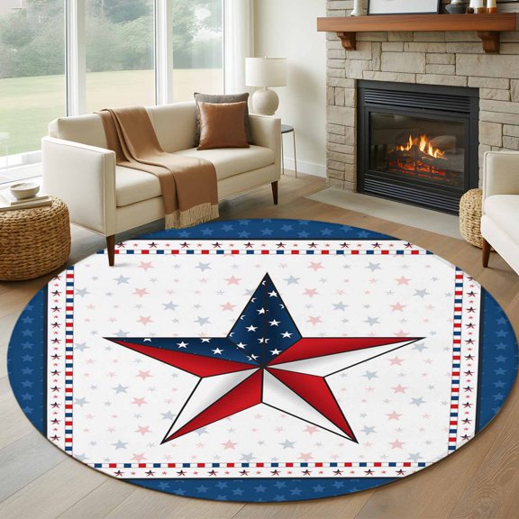 Round Area Rug 5ft USA Flag Star Area Rugs Washable Low Pile Floor Carpet for Bedroom, American Independence Day Non Slip Soft Rugs for Living Room Entryway Dining Room