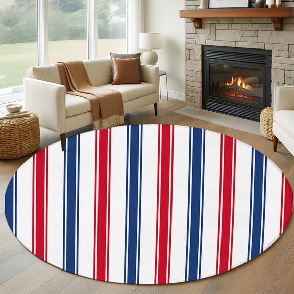Round Area Rug 5ft USA Independence Red Blue White Stripe Area Rugs Washable Low Pile Floor Carpet for Bedroom, President's Flag Day Non Slip Soft Rugs for Living Room Entryway Dining Room