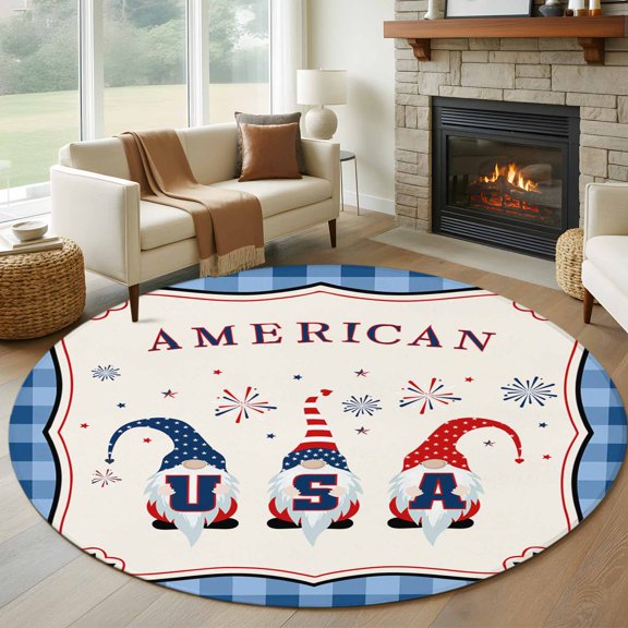 Round Area Rug 5ft USA National Flag Day Area Rugs Washable Low Pile Floor Carpet for Bedroom, Lovely Dwarfs with Fireworks Non Slip Soft Rugs for Living Room Entryway Dining Room
