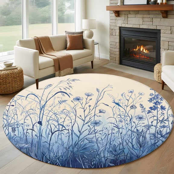 Round Area Rug 5ft Vintage Boho Blue Wildflowers Meadow Area Rugs Washable Low Pile Floor Carpet for Bedroom, Abstract Flower Non Slip Soft Rugs for Living Room Entryway Dining Room