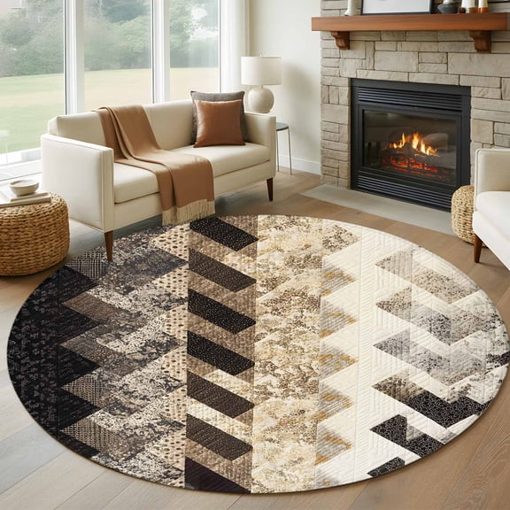 Round Area Rug 5ft Vintage Boho Zigzag Weave Area Rugs Washable Low Pile Floor Carpet for Bedroom, Southwest Ethnic Geometric Art Non Slip Soft Rugs for Living Room Entryway Dining Room