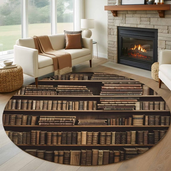 Round Area Rug 5ft Vintage Bookshelf Area Rugs Washable Low Pile Floor Carpet for Bedroom, Library Book Retro Art Non Slip Soft Rugs for Living Room Entryway Dining Room