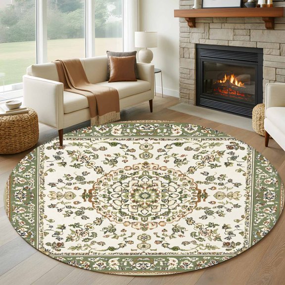 Round Area Rug 5ft Vintage Farm Floral Patterns Area Rugs Washable Low Pile Floor Carpet for Bedroom, Bohemian Pattern Non Slip Soft Rugs for Living Room Entryway Dining Room