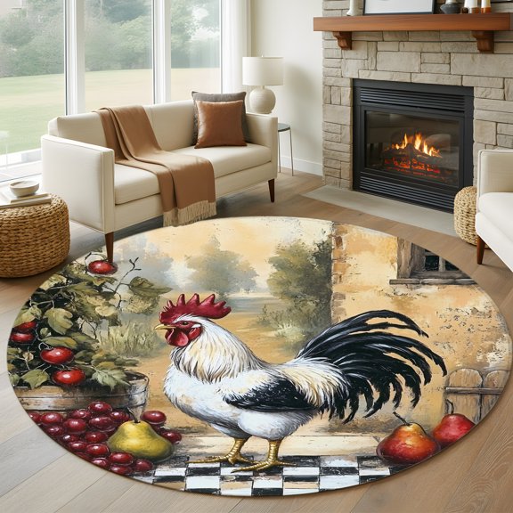Round Area Rug 5ft Vintage Farm Rooster Area Rugs Washable Low Pile Floor Carpet for Bedroom, Watercolor Fruit Pattern Non Slip Soft Rugs for Living Room Entryway Dining Room
