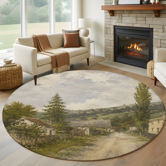 Round Area Rug 5ft Vintage Farmhouse Pine Tree Area Rugs Washable Low Pile Floor Carpet for Bedroom, Countryside Mountain Scenery Non Slip Soft Rugs for Living Room Entryway Dining Room