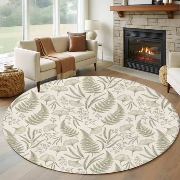 Round Area Rug 5ft Vintage Fern Herbs Botanical Leaf Area Rugs Washable Low Pile Floor Carpet for Bedroom, Green Wild Plant Leaves Non Slip Soft Rugs for Living Room Entryway Dining Room