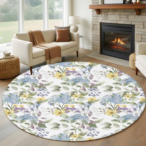 Round Area Rug 5ft Vintage Floral Plant Hydrangea Area Rugs Washable Low Pile Floor Carpet for Bedroom, Rustic Farm Green Leaf Non Slip Soft Rugs for Living Room Entryway Dining Room