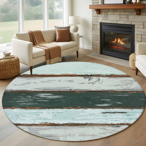 Round Area Rug 5ft Vintage Green Gradient Farm Wood Barn Area Rugs Washable Low Pile Floor Carpet for Bedroom, Rustic Wooden Plank Non Slip Soft Rugs for Living Room Entryway Dining Room