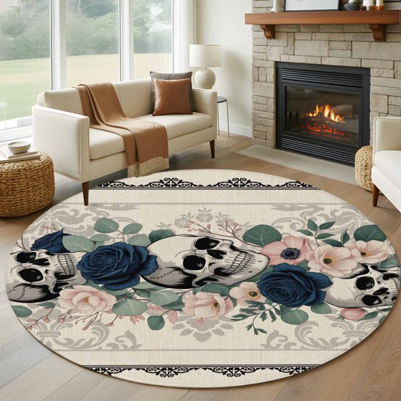 Round Area Rug 5ft Vintage Halloween Skull Area Rugs Washable Low Pile Floor Carpet for Bedroom, Eucalyptus Leaf Roses on Linen Non Slip Soft Rugs for Living Room Entryway Dining Room