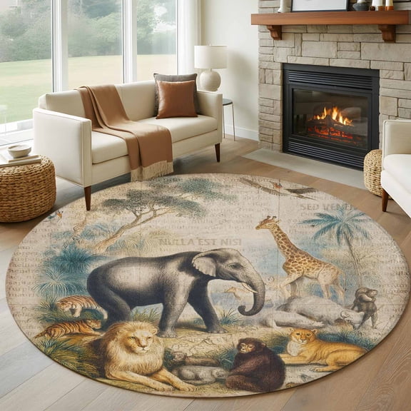 Round Area Rug 5ft Vintage Jungle Animals Area Rugs Washable Low Pile Floor Carpet for Bedroom, Elephants Giraffes Lions Non Slip Soft Rugs for Living Room Entryway Dining Room