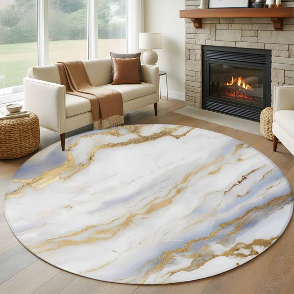 Round Area Rug 5ft Vintage Marble Texture Seamless Area Rugs Washable Low Pile Floor Carpet for Bedroom, Abstract Golden Veins Non Slip Soft Rugs for Living Room Entryway Dining Room