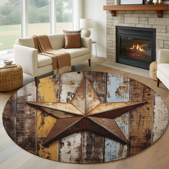 Round Area Rug 5ft Vintage Metal Texas Stars Area Rugs Washable Low Pile Floor Carpet for Bedroom, Country Old Wood Grain Non Slip Soft Rugs for Living Room Entryway Dining Room