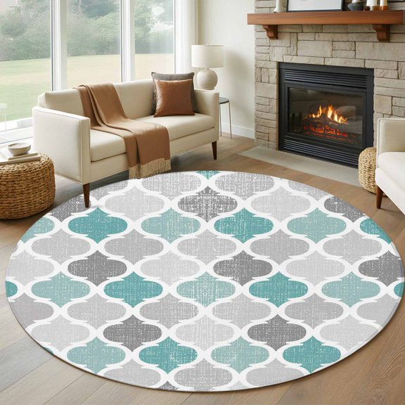 Round Area Rug 5ft Vintage Rustic Morocco Geometric Print Area Rugs Washable Low Pile Floor Carpet for Bedroom, Retro Flower Plaid Non Slip Soft Rugs for Living Room Entryway Dining Room