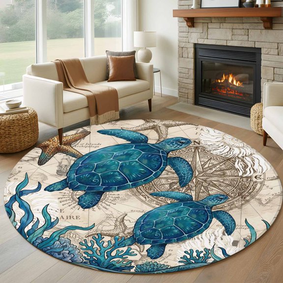 Round Area Rug 5ft Vintage Sea Turtle Seaweed Starfish Area Rugs Washable Low Pile Floor Carpet for Bedroom, Compass Shell World Map Non Slip Soft Rugs for Living Room Entryway Dining Room
