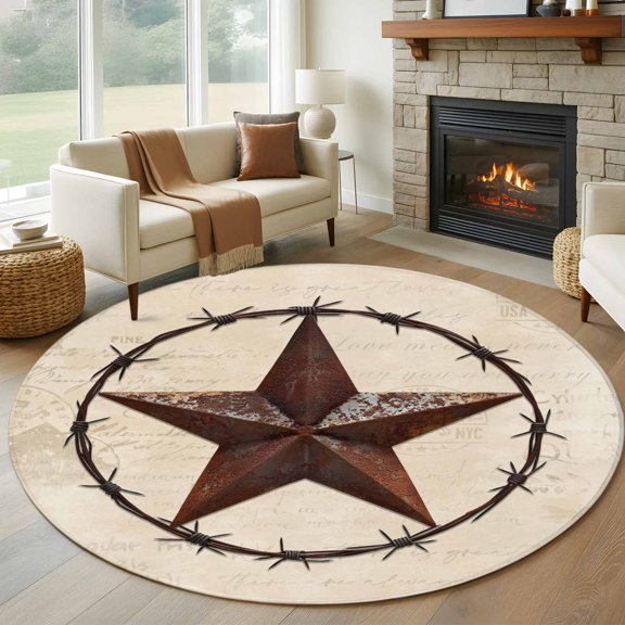 Round Area Rug 5ft Vintage Western Star Area Rugs Washable Low Pile Floor Carpet for Bedroom, Shabby Country Pentagram Non Slip Soft Rugs for Living Room Entryway Dining Room