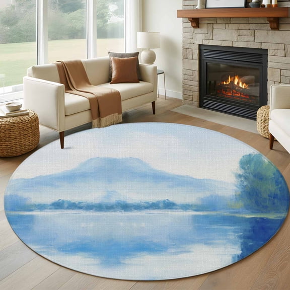 Round Area Rug 5ft Watercolor Abstract Natural Scene Area Rugs Washable Low Pile Floor Carpet for Bedroom, Mountain Tree Lake on Linen Non Slip Soft Rugs for Living Room Entryway Dining Room