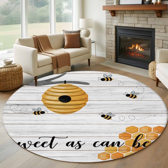 Round Area Rug 5ft Watercolor Bee Honeycomb Tree Branch Area Rugs Washable Low Pile Floor Carpet for Bedroom, Farm Wood Grain Non Slip Soft Rugs for Living Room Entryway Dining Room
