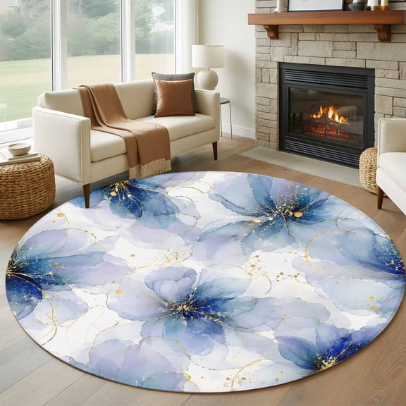 Round Area Rug 5ft Watercolor Blue Lavender Flower Area Rugs Washable Low Pile Floor Carpet for Bedroom, Ink Floral Print Gold Lines Non Slip Soft Rugs for Living Room Entryway Dining Room