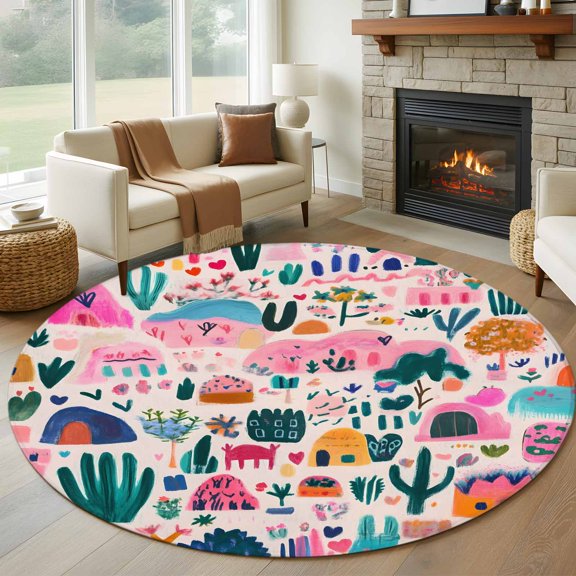 Round Area Rug 5ft Watercolor Cartoon Cactus House Area Rugs Washable Low Pile Floor Carpet for Bedroom, Cute Oil Painting Art Non Slip Soft Rugs for Living Room Entryway Dining Room