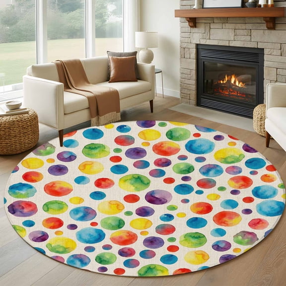 Round Area Rug 5ft Watercolor Circle Dots on Linen Area Rugs Washable Low Pile Floor Carpet for Bedroom, Seamless Colorful Dot Polka Non Slip Soft Rugs for Living Room Entryway Dining Room