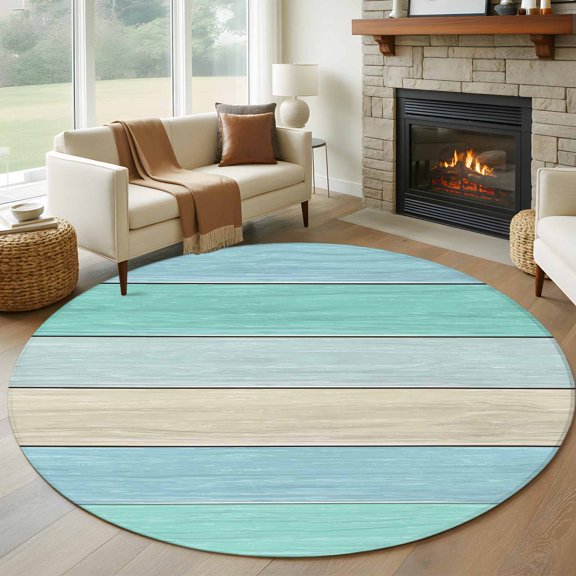 Round Area Rug 5ft Watercolor Farm Wood Grain Area Rugs Washable Low Pile Floor Carpet for Bedroom, Blue Teal Beige Wooden Plank Non Slip Soft Rugs for Living Room Entryway Dining Room