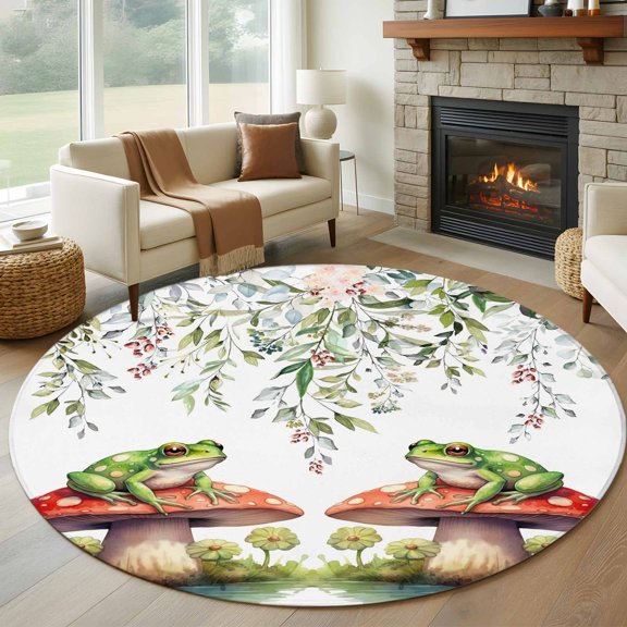 Round Area Rug 5ft Watercolor Frog on Mushroom Area Rugs Washable Low Pile Floor Carpet for Bedroom, Eucalyptus Leaf Floral on White Non Slip Soft Rugs for Living Room Entryway Dining Room