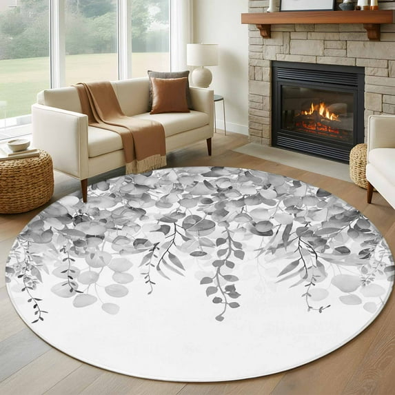 Round Area Rug 5ft,Watercolor Gray Eucalyptus Leaves Washable Carpet Non-Slip Runner Accent Rugs Indoor Floor Mat for Bedroom Living Room Decor,Pastoral Botanical Leaf on White