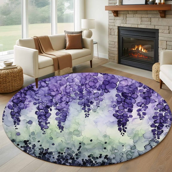 Round Area Rug 5ft Watercolor Lavender Circle Kitchen Mats Non-Slip Purple Flowers Leaf Plant Washable Round Carpet for Kitchen Living Room Bedroom Home Decor