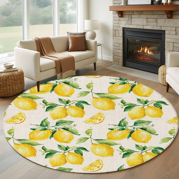 Round Area Rug 5ft,Watercolor Lemon Green Leaves Washable Carpet Non-Slip Runner Accent Rugs Indoor Floor Mat for Bedroom Living Room Decor,Retro Linen