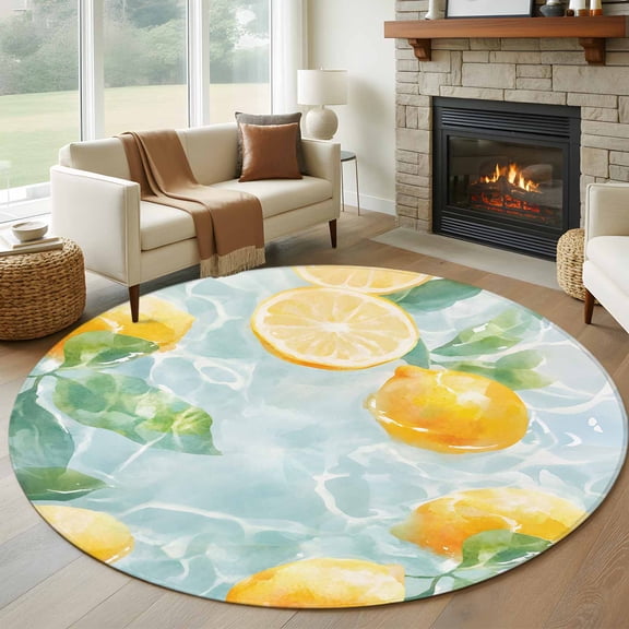Round Area Rug 5ft Watercolor Lemons on Lake Area Rugs Washable Low Pile Floor Carpet for Bedroom, Yellow Fruit Leaves Water Ripples Non Slip Soft Rugs for Living Room Entryway Dining Room