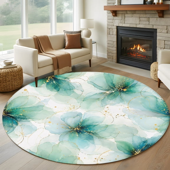 Round Area Rug 5ft Watercolor Mint Green Floral Area Rugs Washable Low Pile Floor Carpet for Bedroom, Blooming Peony Flower Non Slip Soft Rugs for Living Room Entryway Dining Room