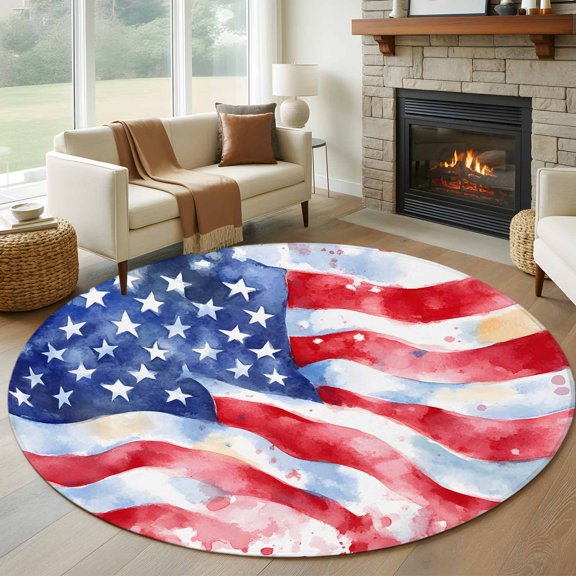 Round Area Rug 5ft Watercolor Retro USA National Flag Area Rugs Washable Low Pile Floor Carpet for Bedroom, Patriotic Star and Stripe Non Slip Soft Rugs for Living Room Entryway Dining Room