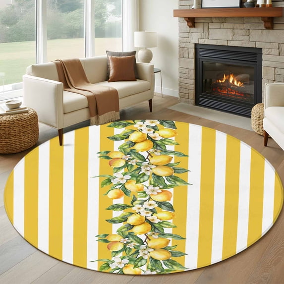 Round Area Rug 5ft,Watercolor Summer Farm Lemon Leaves Washable Carpet Non-Slip Runner Accent Rugs Indoor Floor Mat for Bedroom Living Room Decor,Yellow Stripe