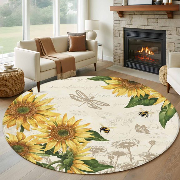 Round Area Rug 5ft Watercolor Sunflower Bee Dragonfly Area Rugs Washable Low Pile Floor Carpet for Bedroom, Country Floral Retro Letter Non Slip Soft Rugs for Living Room Entryway Dining Room